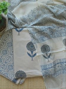 Beige Bagru Hand Block Printed Dress Material WITH Chiffon Dupatta