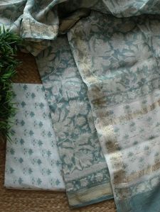 Blue Hand Block Printed Maheshwari Dress Material