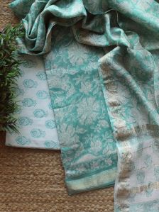 Sea Green Hand Block Printed Maheshwari Dress Material