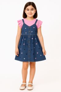 Kids Girls Denim Jeans All-over Butterfly Embroidery Frock