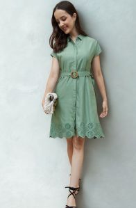 Green Knee Length Shirt Dress
