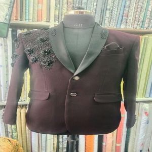 Maroon and Black Luxury Handcrafted Embroidered Floral Blazer