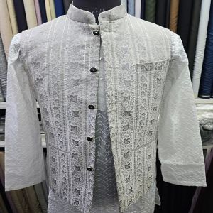 Silver Threaded Floral Print Indian Jodhpuri Jacket