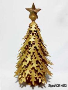 Golden Metal Christmas Tree Sculpture with Stacked Cutout Design and Star Topper