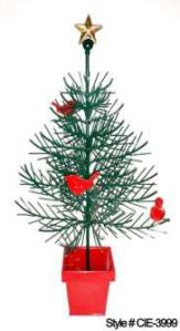 Green Tabletop Christmas Tree with Red Cardinal Ornaments