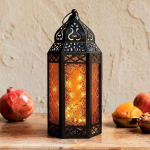 Ornate Iron Lantern with Amber Glass