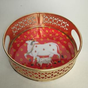 Metal Cow Pichwai Tray, Color : Multicolor