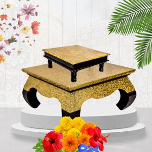 Carved Polished Wooden Pooja Chowki Set, Color : Brown, Golden