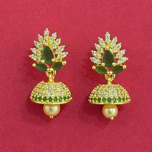Brass Golden Artificial Green Stone Earrings