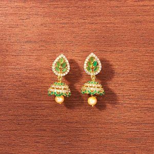 Leaf Designed Green and Golden Jhumka Earrings