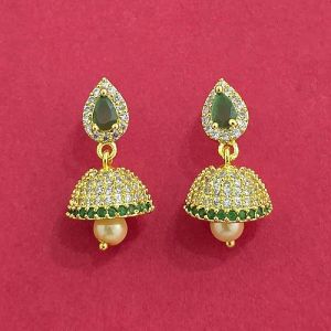 Party Wear Green Round Brass Jhumka Earrings