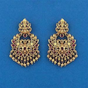 Metal Red and Golden Chandbali Earrings