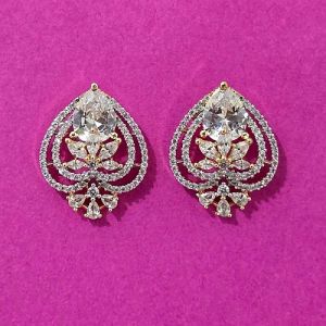 White Stone Work Leaf Shape Design Earrings