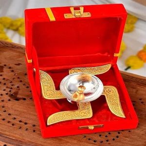 Brass Swastik Design Diya With Red Velvet Box