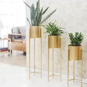 Golden Round Indoor Metal Planter With Stand