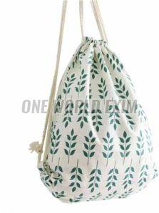 Printed Cotton Drawstring Shoulder Bag, Color : White & Green
