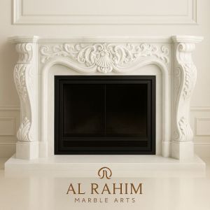 Ornate Carved White Marble Fireplace with Shell Design
