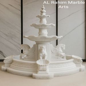 Ornate White Marble Fountain with Lion Sculptures