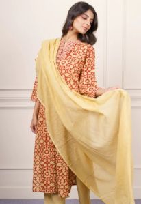 Mustard Red Geometric Cotton Kurta Dupatta Set-KS866 for Women