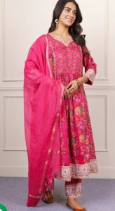 Women Fuchsia Floral Flared Cotton Kurta Dupatta Set-KS864