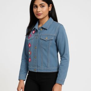 Kesula Embroidery Collar Neck Ladies Denim Jackets, Color : Blue