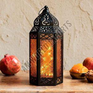 Ornate Iron Lantern with Amber Glass, Color : Black