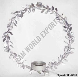 Iron Silver Floral Wreath with Taper Holder