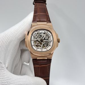 Patek Philippe Nautilus Silver Dial Brown Leather Strap Swiss Automatic Watch