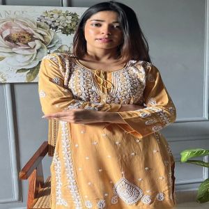 Rayon Knee Long Comfort Women Embroider Round Neck Kurta Palazzo