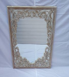 Rectangular Carved Floral Whitewash Wooden Mirror