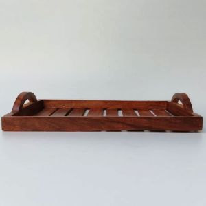 Rectangular Slatted Server Curved Handle Wooden Tray