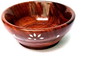 Round Floral Scroll Heart Inlay Polished Wooden Bowl