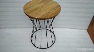 Round Wooden & Metal Wire Frame Side Table