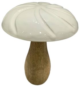 Glossy White Mushroom Sculpture with Wood Stem