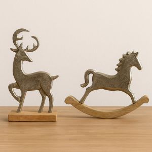 Metallic Deer & Rocking Horse Figurine Duo with Wood Base