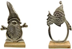 Metallic Holiday Gnome Figurine Duo on Wooden Base