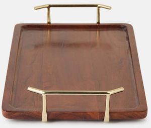 Rectangular Wooden Serving Tray with Golden Handles