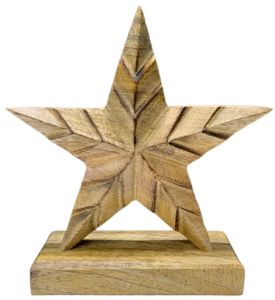 Textured Wood Star Sculpture with Geometric Grooves