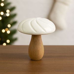 White Swirl Mushroom Sculpture with Natural Wood Stem