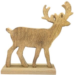 Wooden Carved Deer Sculpture with Raised Antlers