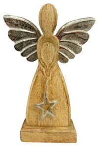 Wooden Spiritual Angel Figurine with Silver Star Pendant