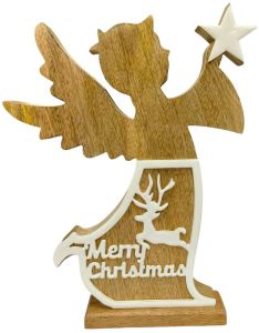 Wooden Star Holding Angel Sculpture with Cutout Stars