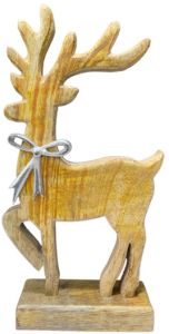 Wooden  Whimsical Reindeer Sculpture with Silver Bow