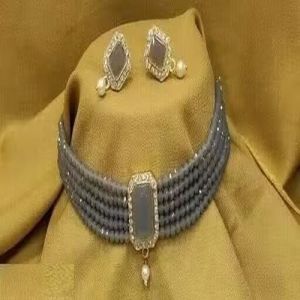 Stylish Grey Crystal & Pearl Choker Set