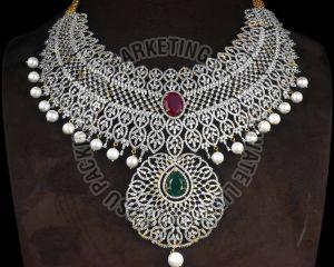 Metal American Diamond Wedding Necklace Set, Color : Silver