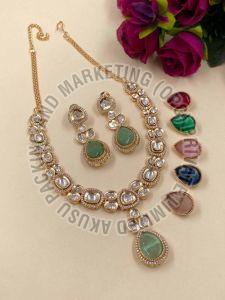 Kundan Polki Stone Necklace Set, Color : Multi-color