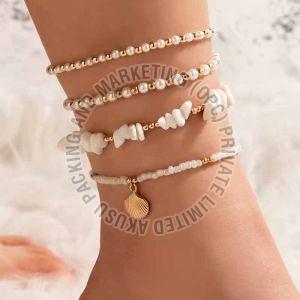 Metal Multi Layer Beaded Anklet, Color : Whiite, Golden