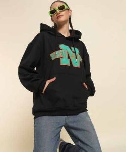 Black Poly Cotton Fleece Puff Printed Hoodie