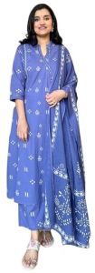 Women's Cotton Blue Embroidered Anarkali Kurti with Pant and Dupatta Set