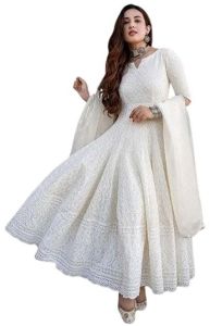 Women'S Cotton Chikankari Long Anarkali Kurti with Dupatta